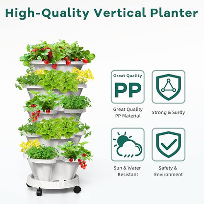 6 Tiered Strawberry Planters, Vertical Garden Tower, Stacking Planter with Support Pole, Stackable Herb Vegetable Planters Indoor and Outdoor - Black