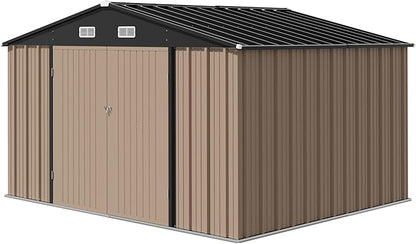Devoko 10 x 8 FT Outdoor Storage Shed, Metal Garden Sheds & Outdoor Storage Clearance, Large Tool Shed Outdoor with Single Lockable Door for Patio Lawn Backyard (Brown)