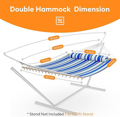Double Hammock with Spreader Bar,Soft Pillow,Max Load 500lbs,Portable Hammock for Outdoor,Camping,and Backyard,Aqua Blue