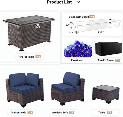 Kullavik 15 Pieces Outdoor Patio Furniture Set with 43" 55000BTU Gas Propane Fire Pit Table PE Wicker Rattan Sectional Sofa Patio Conversation Sets,Navy Blue