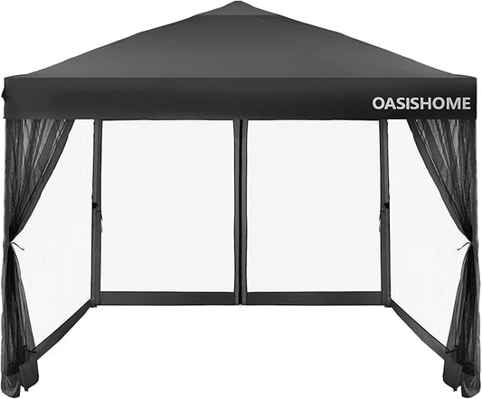 OASISHOME 10'x10' Pop-Up Gazebo Canopy Tent with Netting Sidewalls & Wheeled Bag,Weight Bag, Stakes, Ropes, Waterproof, UV Protection, Heavy-Duty Steel Frame for Backyard/Outdoor/Parties(Black)
