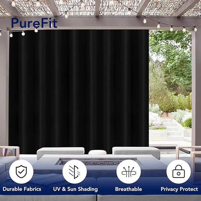PureFit Outdoor Curtains for Patio Waterproof Weatherproof, UV Resistant Outside Curtains for Gazebo, Front Porch, Pergola, Sun Blocking Privacy Curtain, 120W x 95L inch, 1 Panel, Black