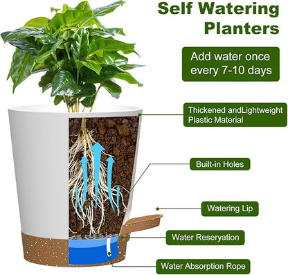 Self Watering Pots, 4 inch Flower Pots with Multi Mesh Drainage Holes, Small Platic Planters for Indoor Outdoor Garden Plants and Flowers (Whtie with Brown Tray, 4")