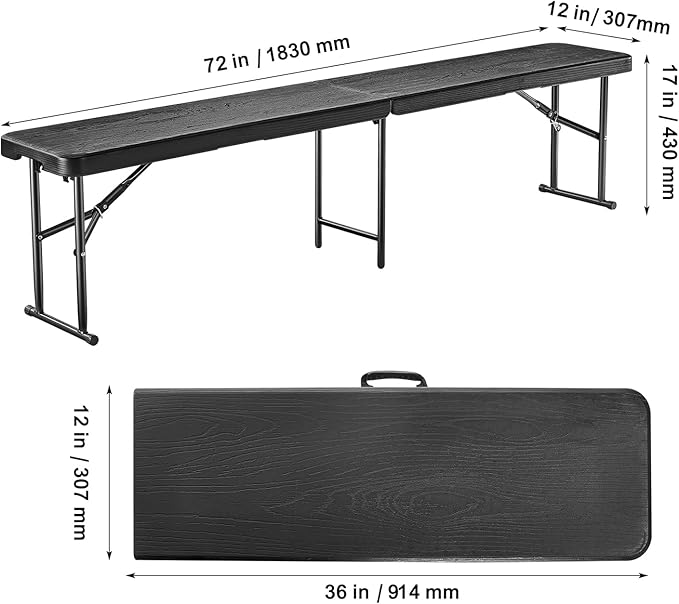 VEVOR Plastic Folding Bench, 6ft Portable Folding Bench, Smooth High Density Polyethylene Waterproof Outdoor Bench, Picnic Camping Table with Handle for Garden Soccer Playtime, Black (1 Pack)