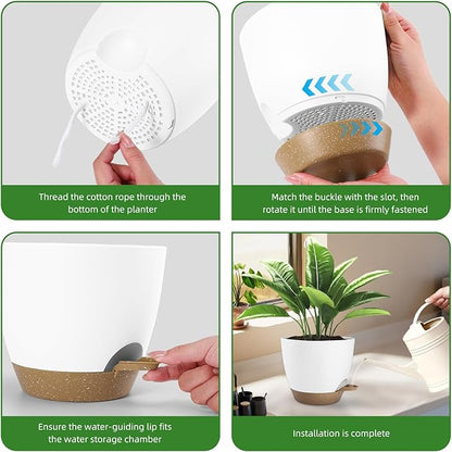 Plant Pots 8/7.5/7/6.5/6 Inch Self Watering Pots,5 Pack Planters with Drainage Holes and Saucers,Plastic Flower Pots,Nursery Planters for Indoor Outdoor Plants (White)