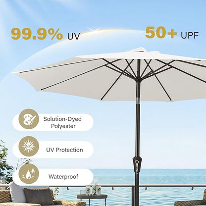 MEWAY 9ft Patio Umbrella Outdoor Table Umbrellas with Push Button Tilt and Crank, Market Umbrella 8 Sturdy Ribs for Deck, Garden, Pool and Backyard, Off-white