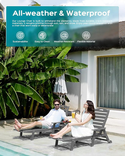 Ciokea Lounge Chair Outdoor, Oversized Chaise Lounge Chair with 5 Positions, HDPE, Patio Lounge Chair with Wheels & Cup Holder for Pool, Deck, Poolside, Dark Grey