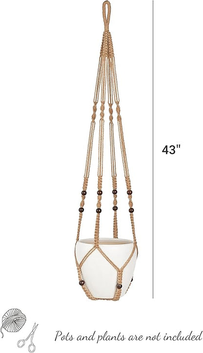 Mkono 43 Inch Macrame Plant Hanger Large for up to 12 Inch Pot Extra Long Hanging Plant Holder No Tassels Hanging Planter Basket with Wood Beads for Indoor Outdoor Home Decor, Brown, Set of 2
