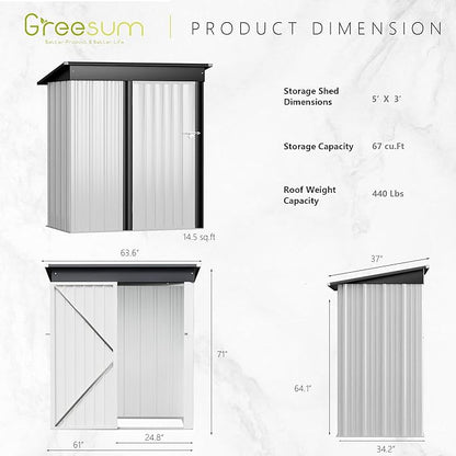 Greesum Metal Outdoor Storage Shed 5FT x 3FT, Steel Utility Tool Shed Storage House with Door & Lock, Metal Sheds Outdoor Storage for Backyard Garden Patio Lawn, White