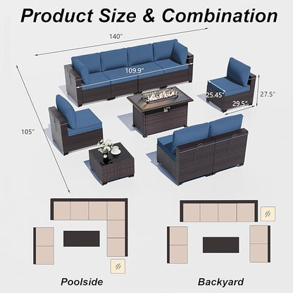 ALAULM 10 Pieces Patio Furniture Set with Propane Fire Pit Table Outdoor Sectional Sofa Sets Patio Furniture 43" Gas Fire Pit Brown PE Rattan Patio Conversation Set w/8 Seat Cushions (Deep Blue)