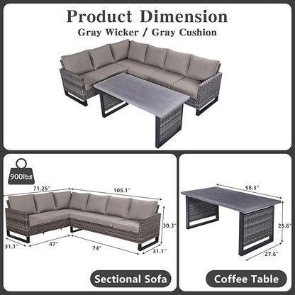 Belord Outdoor Sectional Sofa 6 Seater L Shaped Couch Wicker Patio Conversation Furniture Set with Tree-Grain Finish Metal Dining Table, Rattan Outdoor Furniture with Removable Washable Cushion Blue