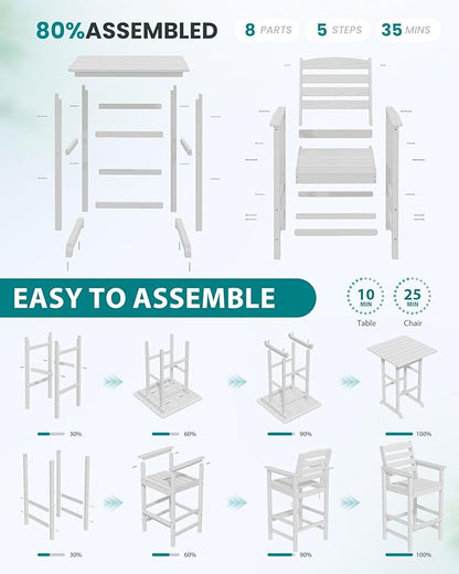 SERWALL 5 Pieces Adirondack Bar Chairs Set, HDPE Adirondack Barstools Chairs with Bar Pub Table, Outdoor Patio Bar Furniture Set for Bistro, Balcony, Poolside, Garden, White