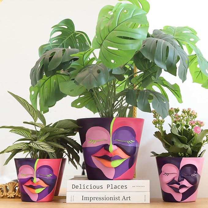 GUGUGO 8 Inch Abstract Rainbow Head Planter, Unique Face Plant Pot with Drainage, Cute Eclectic Flower Planters Pots for Indoor & Outdoor Plants, Colorful Funny Room Decor Aesthetic, Red & Blue