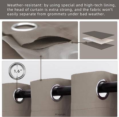Waterproof Outdoor Curtain W52 x L84 - Grommet Top Sunlight Blocking Window Treatment Drapes Blackout Curtains for Home Bedroom Living Room Outdoor Patio Porch Pergola (Taupe, 2 Panels)