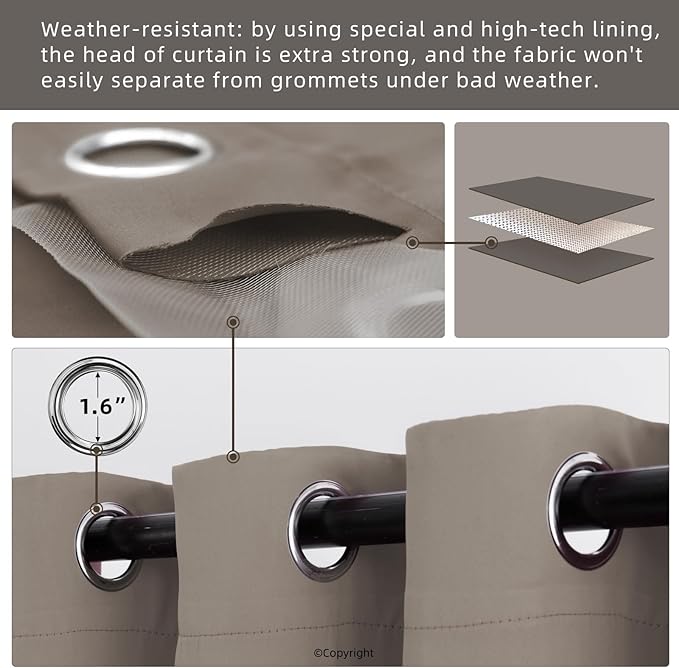 Water Proof Outside Curtains with Grommet Top for Porch, W52 x L120 Thermal Insulated Washable Outdoor Divider Drapes for Patio Gazebo Deck Pool Area Pergola Cabana (Taupe, 2 Panels)