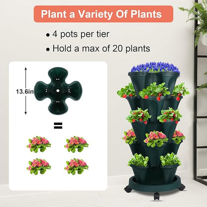 DUNCHATY Stackable Planter, Vertical Garden Planter with Wheels and Tools, Strawberry Indoor/Outdoor 5 Tier Tower Herb for Growing Vegetables Succulents, Dark Green, 2 Pack