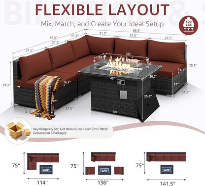 NICESOUL 6 Piece Modern Outdoor Conversation Set with Fireplace Natural Gas/Propane, 29.3'' High Back Deep Wide Seat Sofa Couches for Garden, Oversized Patio Sectionals, 2 Color Cushion Wine & Grey