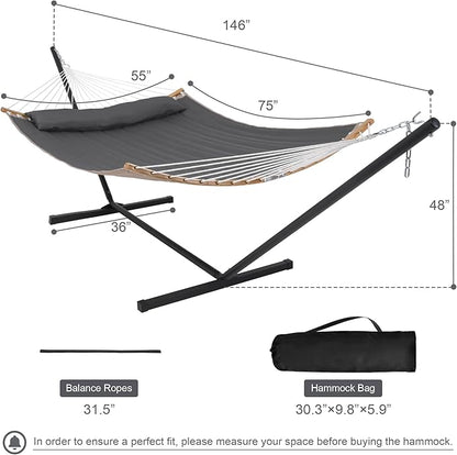 55in Hammock with Stand, Heavy Duty Hammock with Stand Included, Two Person Hammock with Curved Spreader Bar, Pillow and Portable Bag, 450 Lbs Capacity, Dark Gray