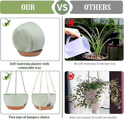 Hanging Planters for Outdoor Indoor Plants, 2 Pack 10 Inch Hanging Basket Plants Outdoor, Self Watering Hanging Planter with Plant Hanger for Garden Home Decoration (Green, 10 inch)