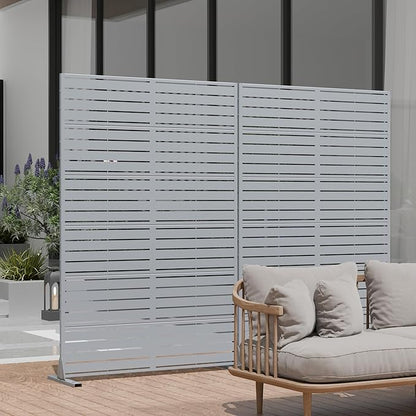 Casaphoria Metal Privacy Screen Outdoor, 72" H x 47" W Freestanding Decorative Privacy Screen for Patio Deck Balcony Garden with Stable Base, Grey-Louvered