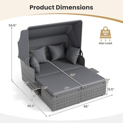 ORALNER Outdoor Daybed, 2-Person Wicker Patio Sofa with Retractable Canopy, Cushions & Pillows, 2 Side Trays, PE Rattan Double Sunbed for Deck Poolside Garden Balcony Backyard (Gray, Mix Gray)