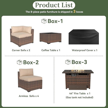 Aoxun 8 Piece Patio Furniture Set with 44” Fire Pit Table Wicker Rattan Outdoor Sectional Sofa Set with Coffee Table and Thickened Cushions, Beige (Waterproof Cover Included)