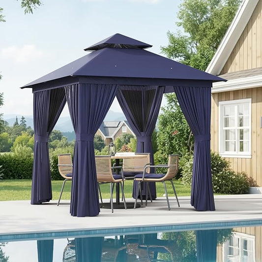 Aoxun Outdoor Gazebo for Patio 8x8 Metal Frame Canopy with Double Roofs Heavy Duty Party Tent and Shelter with Mosquito Netting and Privacy Screen for Backyard, Lawn, Garden, Deck (Navy Blue)