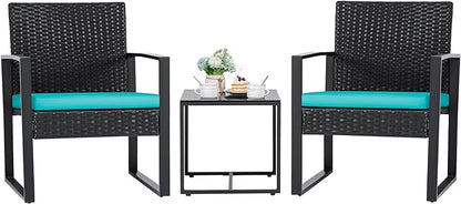 Flamaker Patio Set Outdoor Wicker Furniture, Modern Bistro Set with Rattan Chair and Coffee Table for Yard (Blue)