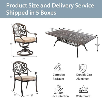 9-Piece Cast Aluminum Patio Furniture, Outdoor Dining Sets for 8 Include 87" Rectangular Patio Dining Table, 6 Stackable Chairs & 2 Swivel Chairs with Cushions & Umbrella Hole(Bronze)