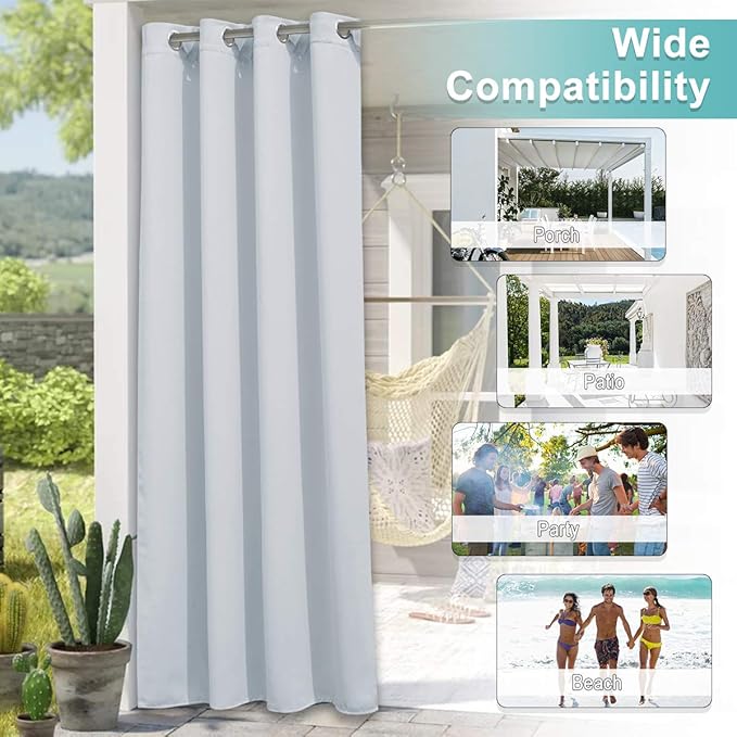 NICETOWN 2 Panels Weighted Outdoor Curtains for Patio Waterproof, Rustproof Grommet Room Darkening Indoor Outdoor Window Treatment for Balcony/Porch, Greyish White, W84 x L84