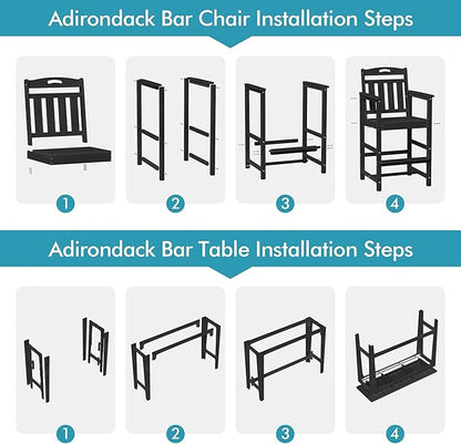 Ciokea Outdoor Bar Height Table Set of 5, 60" Extra Long Rectangle High Top Table and 4 Oversized Adirondack Chairs Set, Heavy-Duty All-Weather HDPE Patio Bar Set for Backyard Balcony Deck, Black