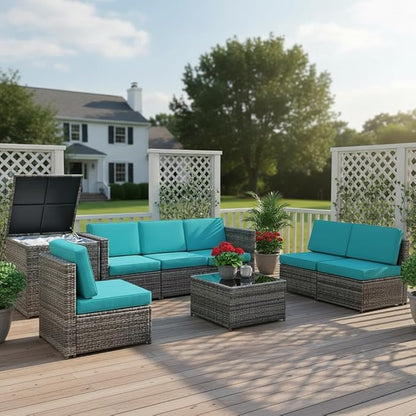 Tangkula 8 Pieces Wicker Patio Furniture Set with Storage Deck Box, PE Rattan Outdoor Sectional Conversation Set with Coffee Table & Cushions, Outside Furniture for Garden Yard Poolside (Turquoise)