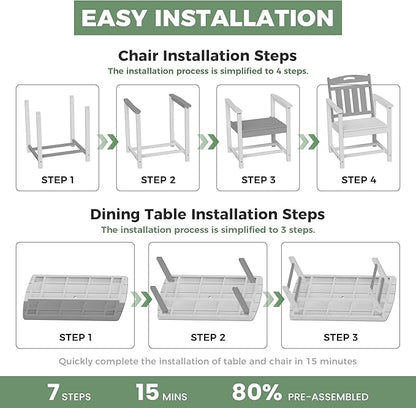HDPE Outdoor Patio Dining Set with Table & 6 Chairs, All-Weather 7-Piece Outdoor Table and Chairs, 2" Umbrella Hole, Patio Furniture for Garden, Backyard, Deck | White
