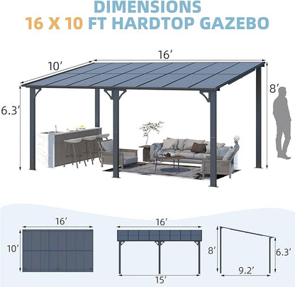 AECOJOY 16' x 10' Gazebo Outdoor Pergola, 10x16 Large Wall-Mounted Hardtop Lean to Metal Gazebo Shelter Pergolas and Gazebos Clearance with Patio Roof, Heavy Duty Awnings for Backyard, Decks