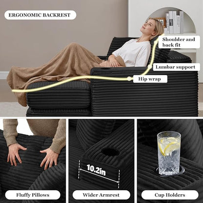 HANXIN 62" Chaise Lounge Chair Indoor, Oversized Corduroy Boneless Convertible Chaise Lounge Couch Sleeper Chair with Ottoman, Deep Seat Reading Chair, No Assembly Required (Black)