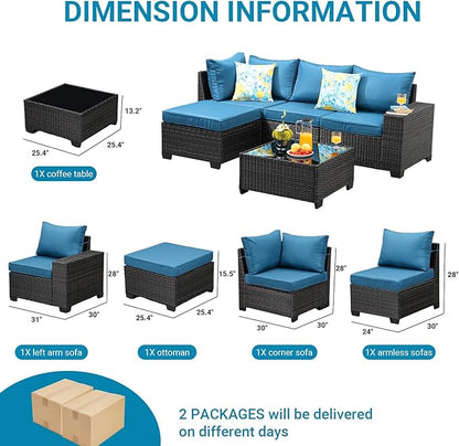 Jing's Villa 5-Piece Patio Furniture Set, All-Weather Outdoor Wicker Sectional Sofa with Cushions, Tempered Glass Table & Ottoman, Rattan Conversation Seating for Porch, Garden, Backyard,Peacock Blue