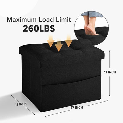 LINMAGCO Storage Ottoman Folding Foot Stool Foot Rest with Side Pocket Modern Ottoman with Storage Short Sofa Stool Linen Cloth 17x13x13(Black)