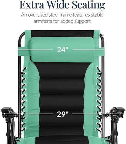 Best Choice Products Oversized Padded Zero Gravity Chair, Folding Outdoor Patio Recliner, XL Anti Gravity Lounger for Backyard w/Headrest, Cup Holder, Side Tray, Polyester Mesh - Green/Black