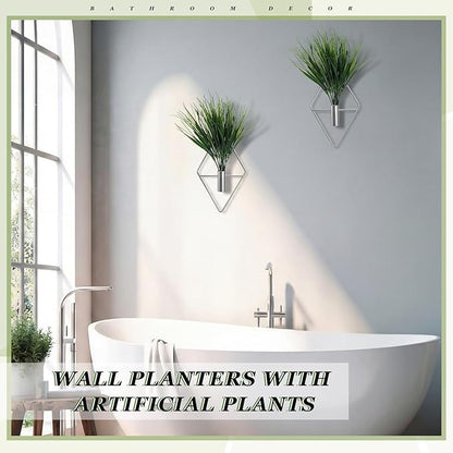8 Pieces Silver Wall Decor Hanging Planters with Artificial Plants Metal Vase Indoor Aquatic Plant Holder Modern Geometric Wall Art for Home Bathroom Bedroom Living Room Office