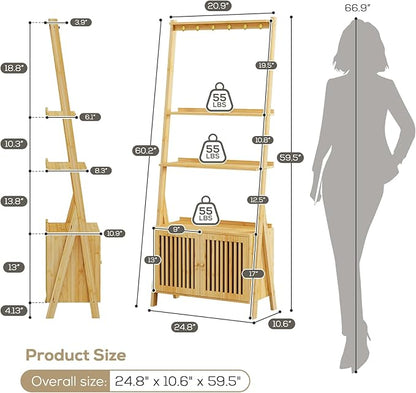 Bookcase with Drawers, 4-Tier Bamboo Bookshelf Ladder Shelf with 6 Hooks, Tall Narrow Book Shelf, 24.8"L x 10.6"W x 59.5"H, Standing Storage Organizer for Living Room, Home Office, Bedroom, Bathroom