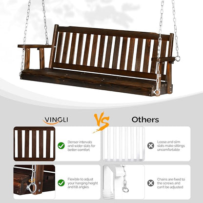 VINGLI Heavy Duty 880 LBS 5 FT Patio Wooden Porch Swing Outdoor with Upgraded Adjustable Chains, Outdoor Hanging Swing Bench for Garden, Yard, Balcony (5 FT, Rustic)