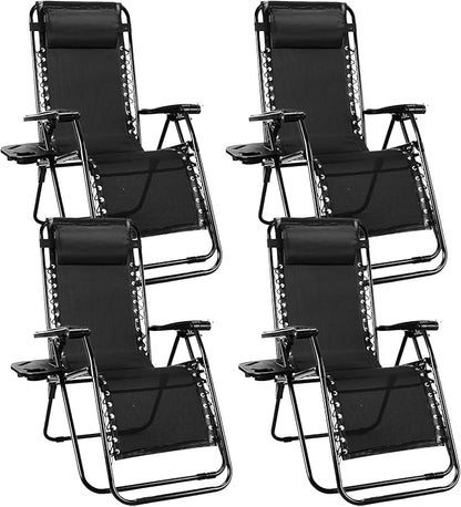 Sweetcrispy Zero Gravity Chairs, Set of 4 Portable Recliner Beach Camping Patio Outdoor Folding Lounge Chair with Cup Holder Trays and Adjustable Pillow for Poolside, Garden, Backyard, Lawn (Black)