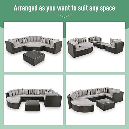 Merax 7-Piece Outdoor Wicker Sectional Sofa Set,Modular Rattan Conversation Set with Gray Cushions,Striped Green Pillows & Tempered Glass Coffee Table for Patio,Garden,Deck,Brown