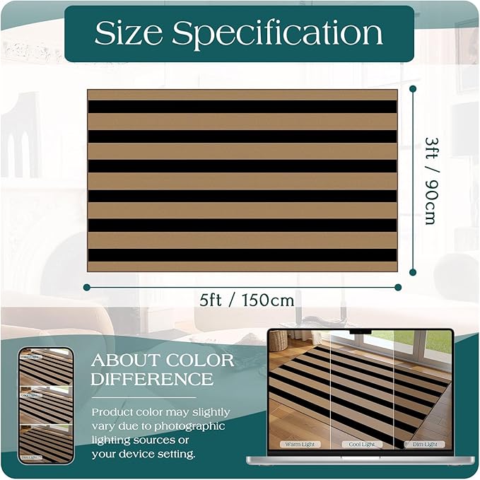 Outdoor Rug, Brown and Tan Striped Door Mat, 3 x 5 Ft, Machine Washable
