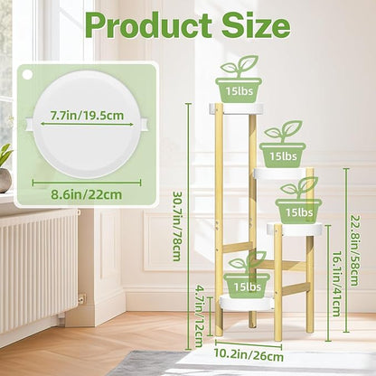 iDavosic.ly 4 Tier Bamboo Plant Stand Indoor Outdoor with Plastic Tray, Tiered Corner Flower Holder Shelf, Space Saving Orchid Display Rack for Patio Porch Living Room Garden Balcony, Natural White
