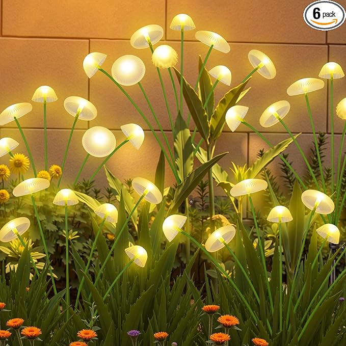 KAQ Solar Garden Lights Outdoor 6PK 48LED, Mushroom Solar Lights Outdoor, IP65 Waterproof Firefly Light Outside Decor for Patio Pathway, Sway by Wind for Pathway Garden Decorations, Warm White