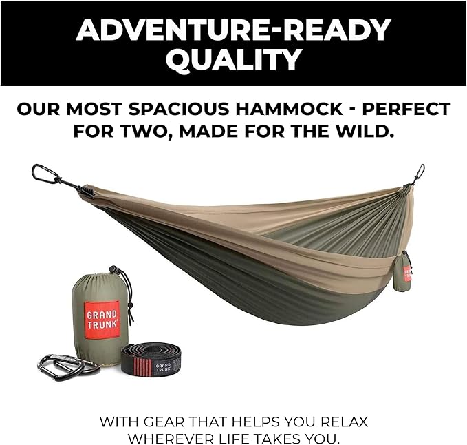 GRAND TRUNK TrunkTech Double Hammock | Ultra-Strong & Lightweight | 11 ft Hammock with Ripstop Nylon | 500 lb Capacity | Fast-Drying & Weather-Resistant | Olive Green/Khaki