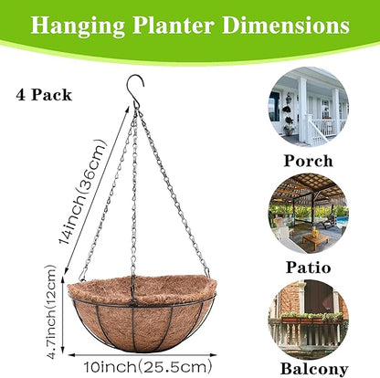 Metal Hanging Planters Basket Set of 4 Hanging Flower Pots 10 Inch Chain Round Wire Plant Holder with Coco Coir Liner Garden Watering Hanging Baskets for Patio Garden Outdoor1