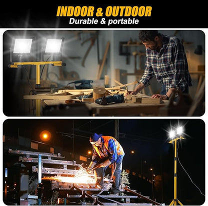 14000Lumen LED Work Lights with Stand - 2 Head Portable Work Light on Stand - IP66 Waterproof Tripod Worklights for Outdoor Indoor Job Site Workshop Garage Construction Site Lighting