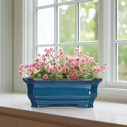 Bonsai Pots 11.6 Inch - Ceramic Succulent Pots with Drainage Hole, Rectangular Planter for Indoor Outdoor, Decorative Ceramic Flower Pot, Home Garden Room Decor, Plant Lover Gifts, Retro Blue